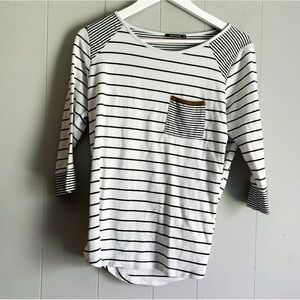 PINK CLOVER Curved Hem 3/4 T-SHIRT Mariniere Striped Pullover M